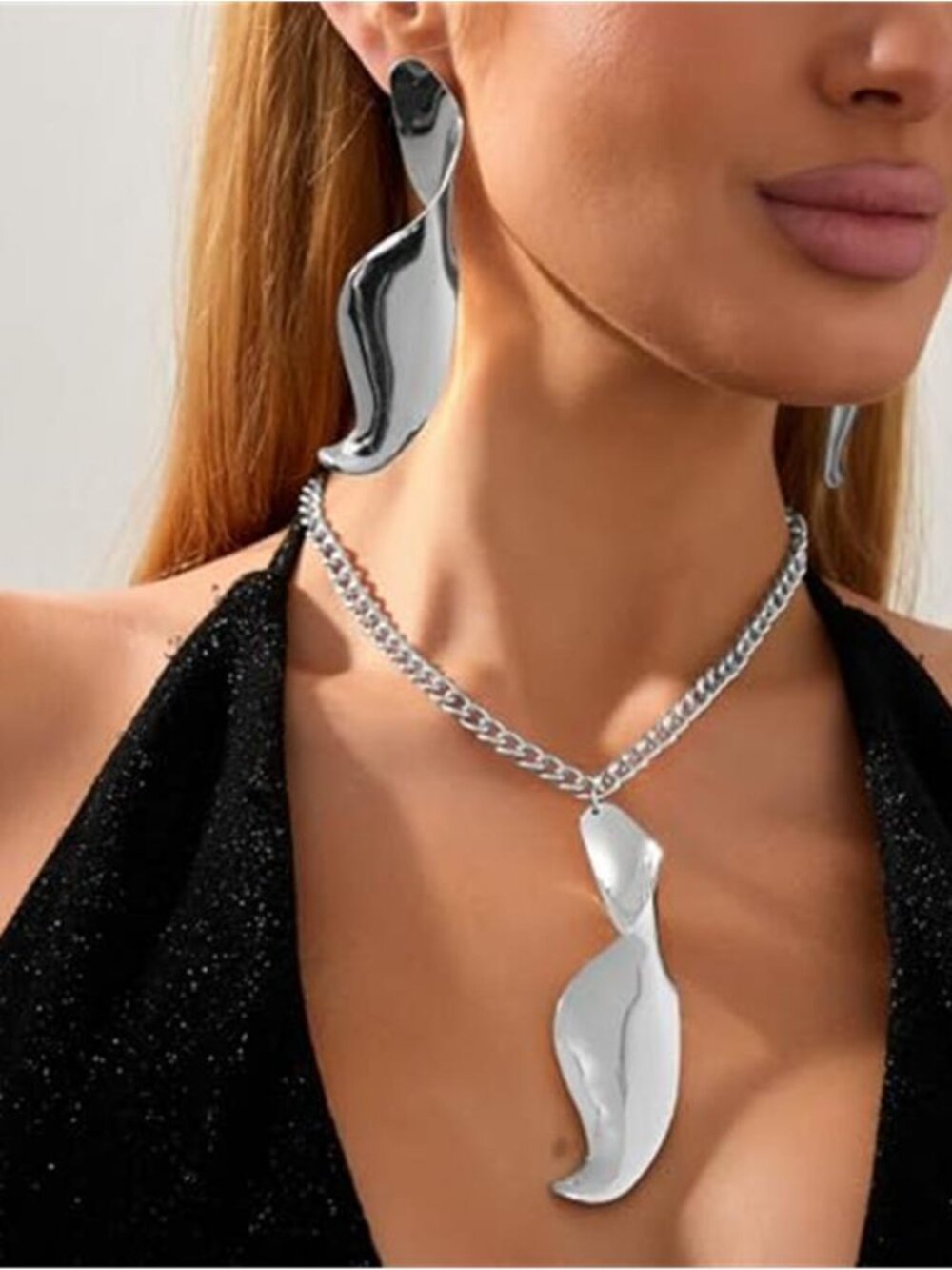 Silver Tone Chunky Geometric Necklace Earrings Set Twisted Wave Statement